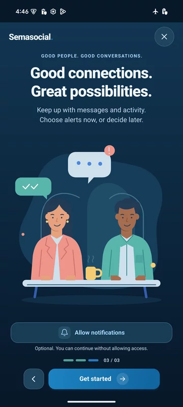 Semasocial Android introduction with an optional Allow notifications control.