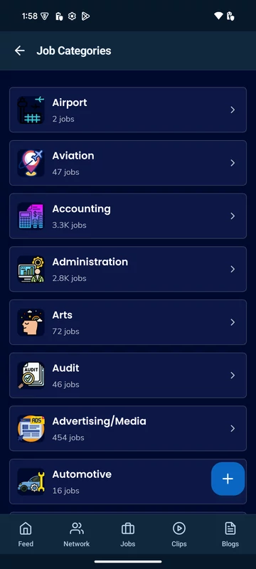 Semasocial Android job categories, with Feed, Network, Jobs, Clips and Blogs navigation.