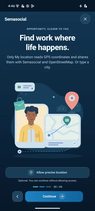 Semasocial Android introduction explaining optional precise location for nearby jobs.