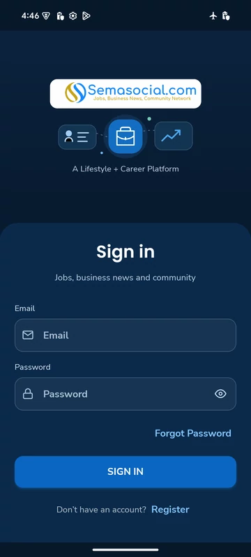 Semasocial Android sign-in screen with empty email and password fields and a registration link.