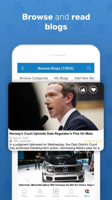 Official Semasocial App Store promotional image of the Blogs screen, showing an earlier interface.